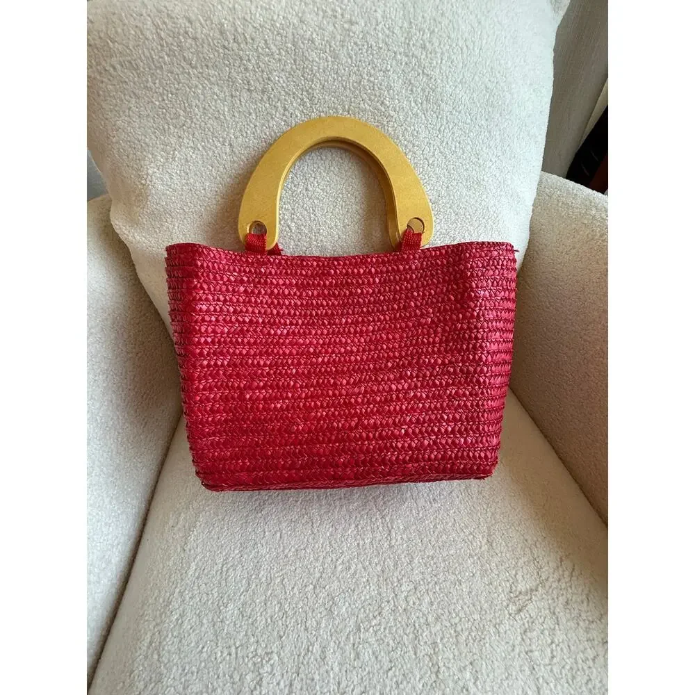Tote Bag Women's Bright Pink Wood Top Handle Boho Basket Beach Handbag Vintage